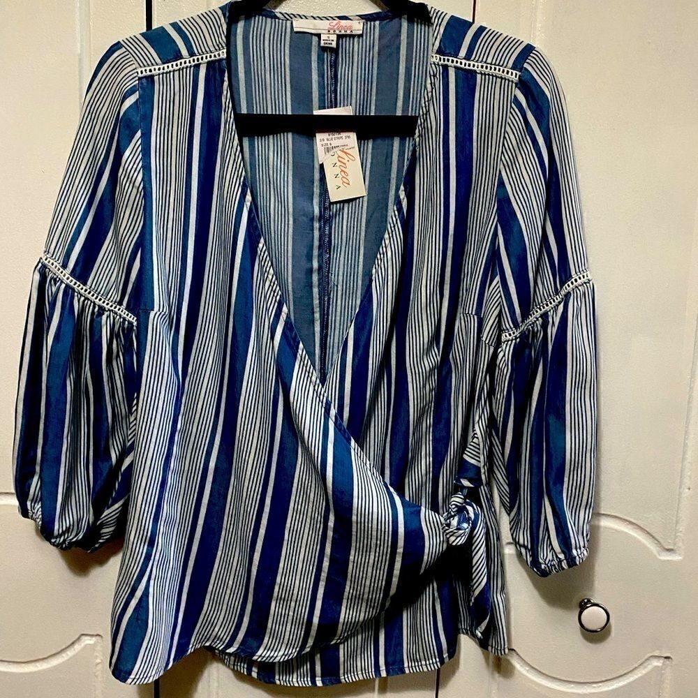 NWT Linea Donna Blue Striped Wrap Blouse size S